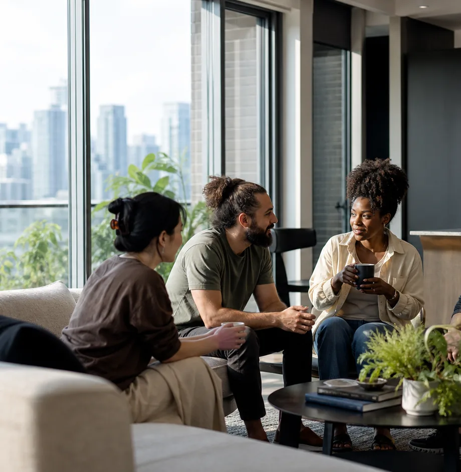 People talking together in a bright residential lounge