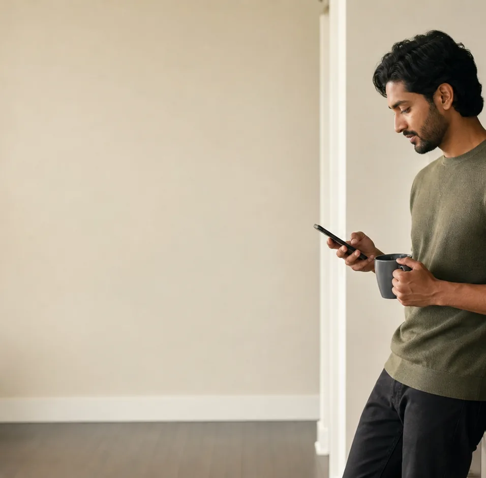 A person checking their phone at home